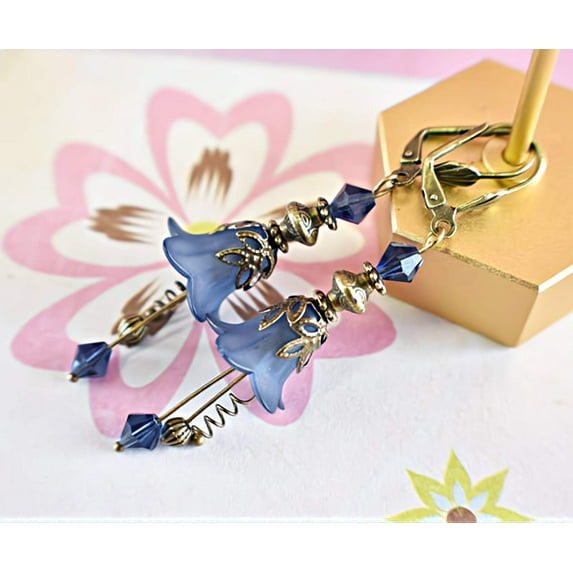 Vintage Victorian Style Navy Blue and Antique Bronze Bell Flower Lucite Earrings