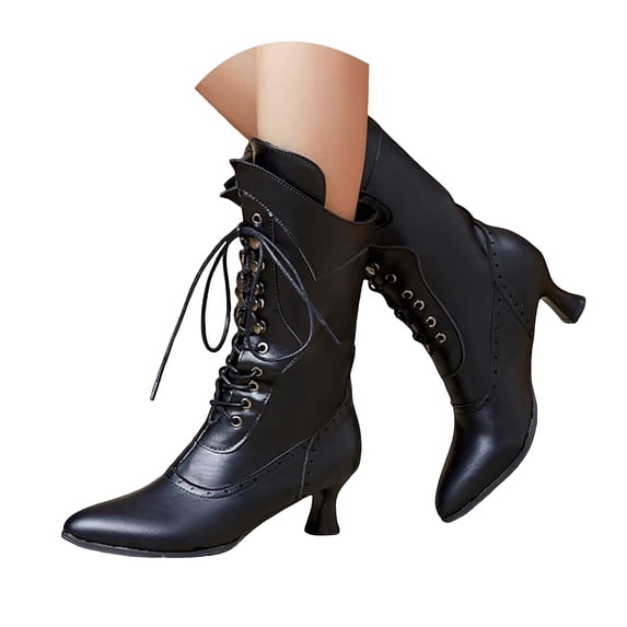 Vintage Victorian Boots for Women Block Kitten Heel Lace up Mid Calf Combat Booties Wingtip Witch Oxford Riding Military Winter Shoes
