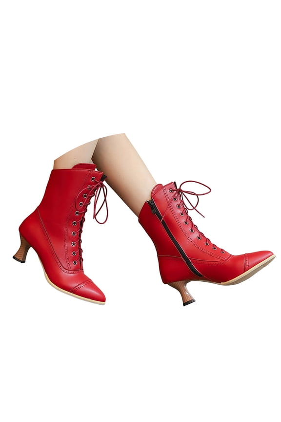 Vintage Victorian Boots for Women Block Kitten Heel Lace up Mid Calf Combat Booties Wingtip Witch Oxford Riding Military Winter Shoes