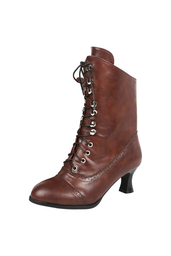 Vintage Victorian Boots for Women Granny Boots Lace up Ankle Boots Mid Calf Chunky Heel Booties Witch Costume Renaissance Shoes,36
