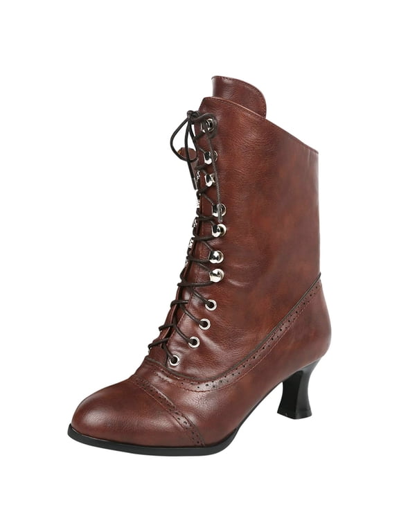 Vintage Victorian Boots for Women Granny Boots Lace up Ankle Boots Mid Calf Chunky Heel Booties Witch Costume Renaissance Shoes,38