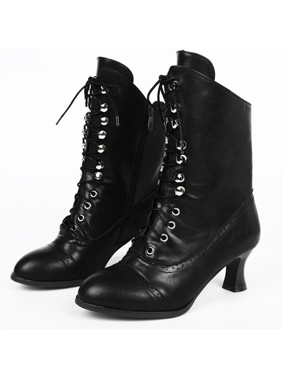 Vintage Victorian Boots for Women Granny Boots Lace up Ankle Boots Mid Calf Chunky Heel Booties Witch Costume Renaissance Shoes