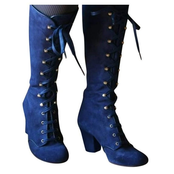 Vintage Victorian Boots for Women's Winter Warm Gothic Mid Calf Height Boot Casual Lace up Thick High Heels Booties Riding Shoes