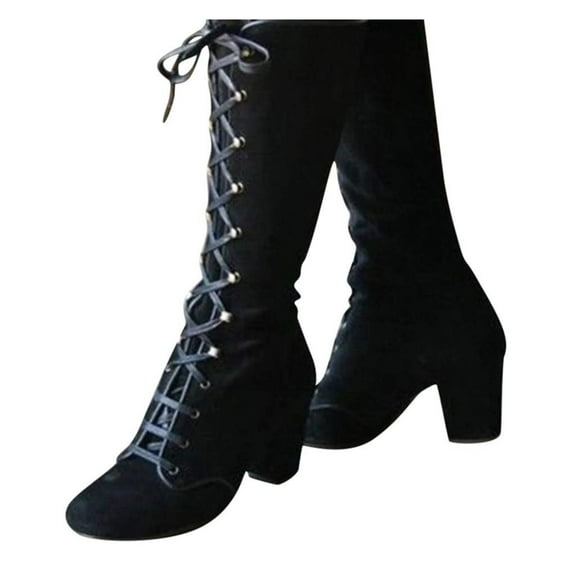 Vintage Victorian Boots for Women's Winter Warm Gothic Mid Calf Height Boot Casual Lace up Thick High Heels Booties Riding Shoes