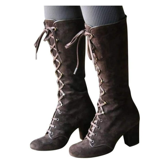 Vintage Victorian Boots for Women's Winter Warm Gothic Mid Calf Height Boot Casual Lace up Thick High Heels Booties Riding Shoes