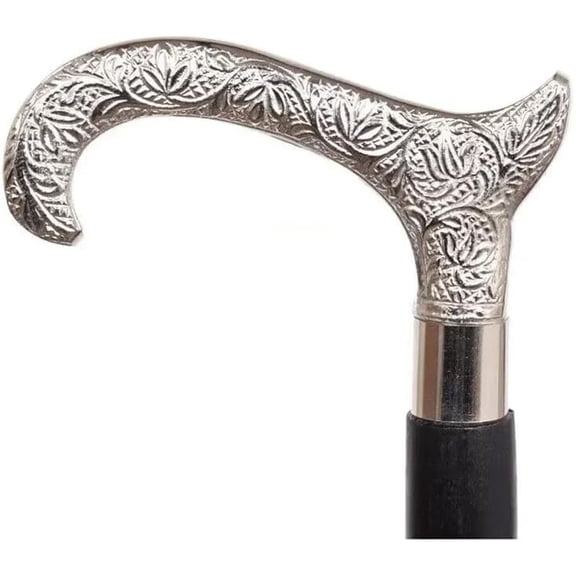 "Designer Victorian Brass Handle Walking Stick Cane | Antique Solid Wooden Cane with Silver Finish 35 Inches"