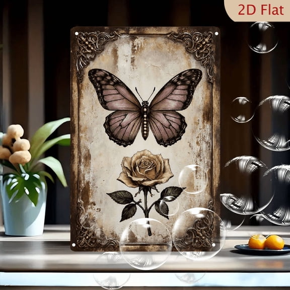 Vintage Victorian Butterfly and Rose Wall Art, 8x12 Inch Metal Tin Sign, Antique Parchment Background with Ornate Filigree Frame, Dusty Mauve Butterfly and Cream Rose, Decorative Steampunk Style Post