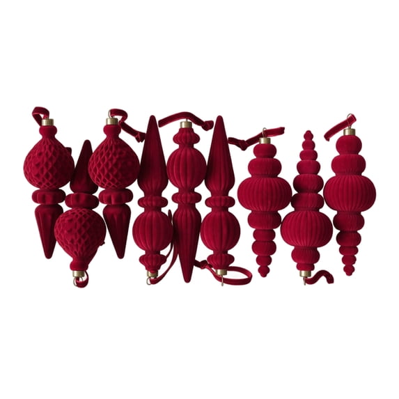 Vintage Victorian Christmas Tree Decorations, 9Pcs Burgundy Velvet Finial Ornaments with Gold Caps, Luxury Flocked Xmas Tree Ornaments for Holiday Mantel Party Home Decor, Red & Gold, 7 Inch