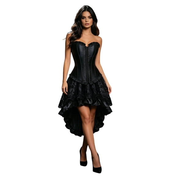 Vintage Victorian Corset Dress for Women, Floral Lace Bustier Top and Layered Ruffle High Low Skirt Set, Halloween Themed Party Clothing