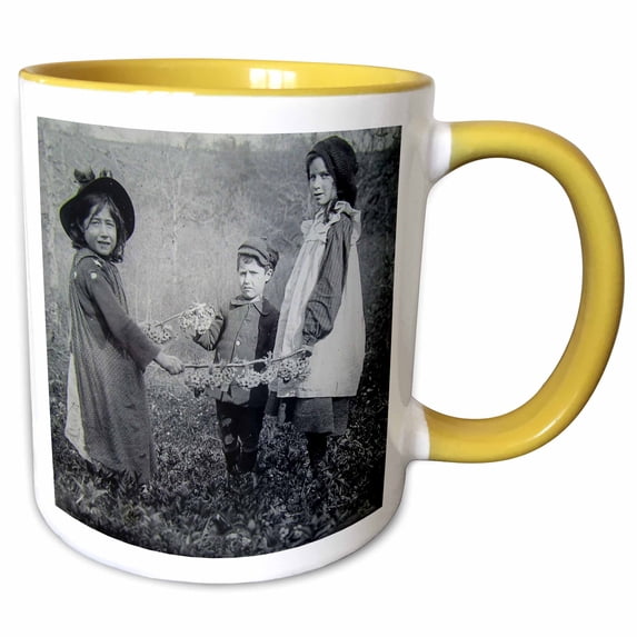 Vintage Victorian Era Children Gathering Flowers in a Forrest Photo 15oz Two-Tone Yellow Mug mug-301267-13