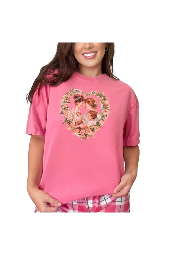 Vintage Victorian Family Rose Heart T-Shirt, Romantic Floral Art Tee, Mother and Child Love Shirt, Heartwarming Family Artwork Top, Crunchberry Comfort Colors T-Shirt, 3XL