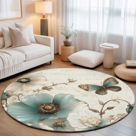 Vintage Victorian Flower Round Rug 5ft Retro Floral Butterfly on Letter Washable Area Rugs for Living Room Bedroom Entryway Non Slip Entrance Door Mat Indoor Floor Carpet