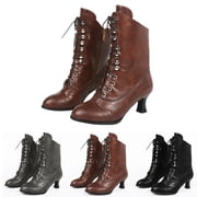 Vintage Victorian Lace Up Ankle Boots for Women 70s Mid Heel Witch Granny Booties Mid-Calf Gothic Retro Side Zipper Almond Toe Costume Shoes,37