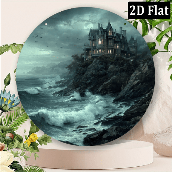 Vintage Victorian Mansion Ocean Cliff Scene - 8x8inch Round Aluminum Wall Sign UV Scratch Resistant, Easy-Hang Outdoor Indoor Decor.