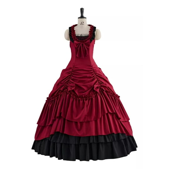 Vintage Victorian Red Evening Dress Renaissance Pleated Ruffle Ball Gown Outfit