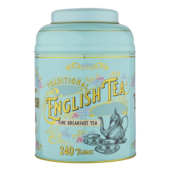 New English Teas Vintage Victorian Round Tea Tin with 240 English Breakfast Teabags, Forget Me Not Florals