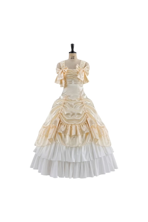 Vintage Victorian Style Champagne Gold Evening Dress for Women Pleated Ruffle Design Elegant Gothic Ball Gown