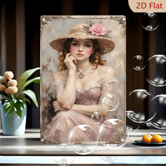 Vintage Victorian Woman Portrait Wall Art, 8x12 Inches Metal Tin Sign, Romantic Lady in Pink Gown with Straw Hat, Heart Necklace, Distressed Gold Frame, Impressionist Style Home Decor