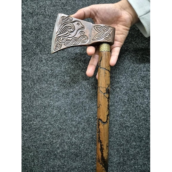 Vintage Viking Axe Handle Walking Stick, 37 Inch, 3-Fold Wooden Cane with Decorative Brass Handle, Celtic Raven Design, Medieval Style Walking Accessory