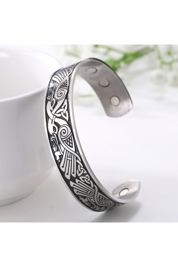 Vintage Viking Celtic Amulet Bracelet 14K White Gold The Nordic Odin Crow Cuff Bracelet for Men Raven Totem Nordic Gift