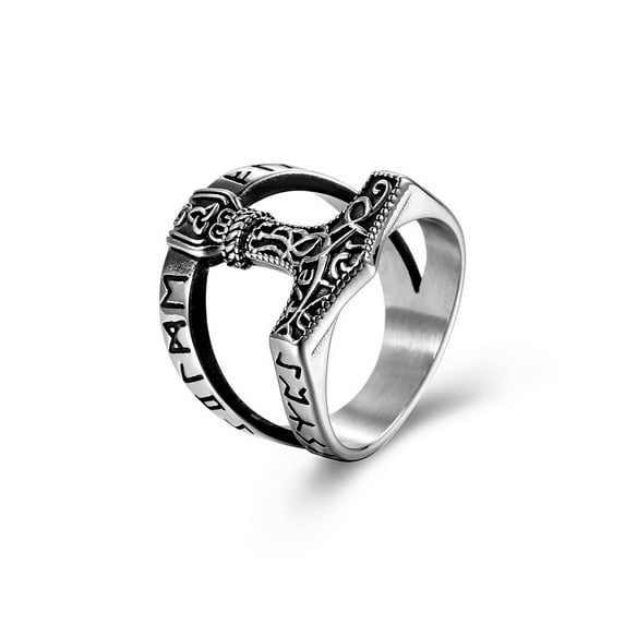 Vintage Viking Thor's Hammer Ring Men's Nordic 14K White Gold Odin Rune Ring Jewelry Amulet Gift