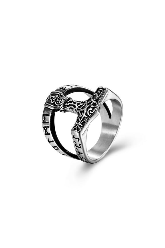 Vintage Viking Thor's Hammer Ring Men's Nordic 14K White Gold Odin Rune Ring Jewelry Amulet Gift