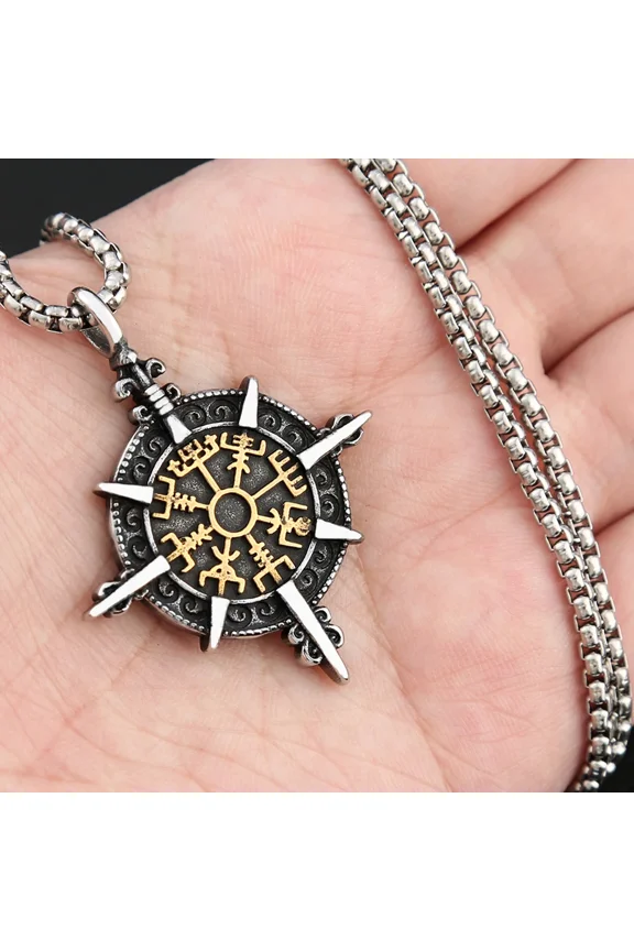 Vintage Viking Vegvisir Compass Pendant Necklaces For Men 14K White Gold Nordic Amulet Necklace Fashion Jewelry