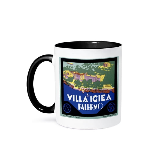 3dRose, Vintage Villa Igiea Palermo Italy Luggage Label, 11oz Two-Tone Black Mug