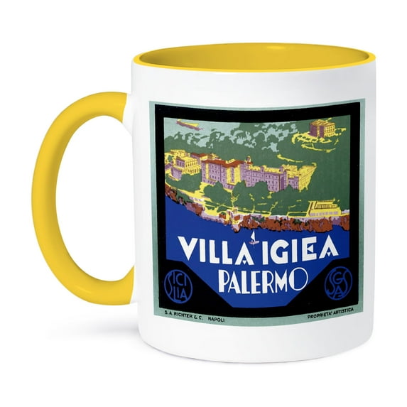 3dRose, Vintage Villa Igiea Palermo Italy Luggage Label, 15oz Two-Tone Yellow Mug