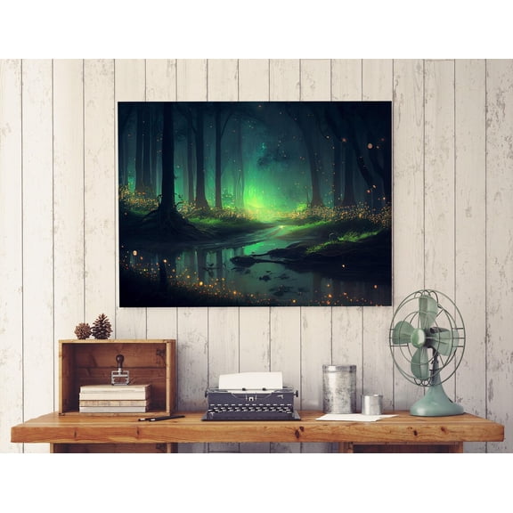 Vintage Village Antique Neutral Farmhouse Wall Decor Fireflies Forest Poster Swamp Night Green Nature Wall Art, UNFRAMED Size 24x24