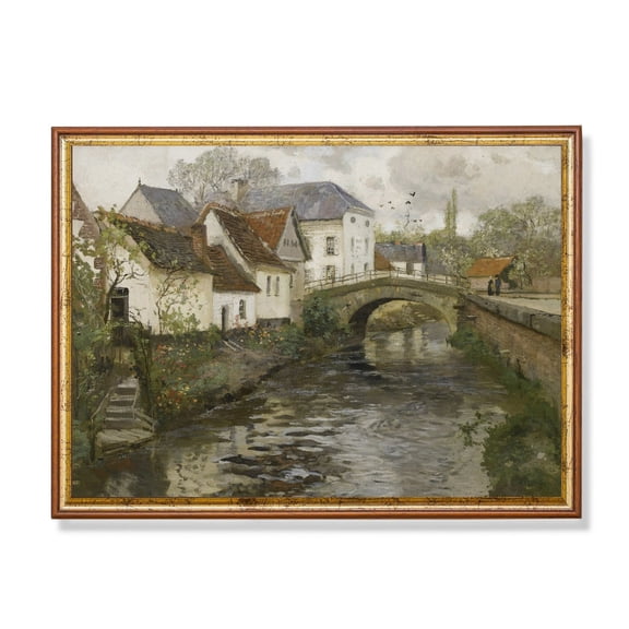 Vintage Village Bridge Poster European Riverside Cottage Art Home Decor, 16x24 UNFRAMED