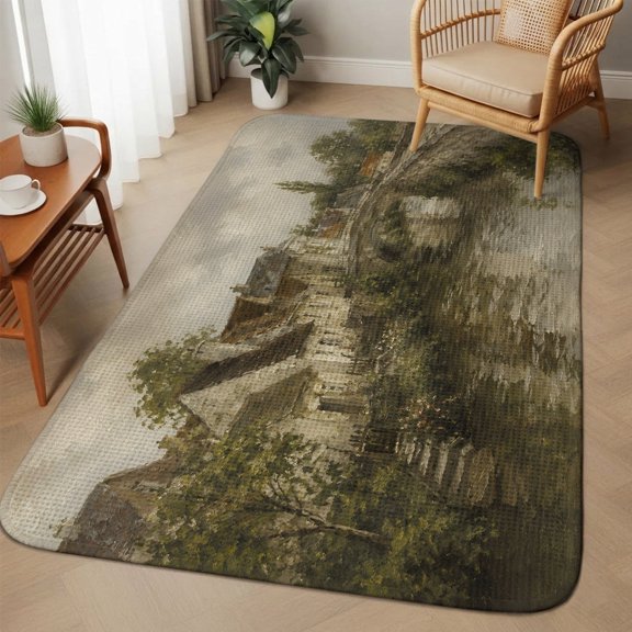 Vintage Village Washable Area Rugs for Living Room Bedroom, Large Non Slip Indoor Floor Carpet Absorbent Farmhouse House Trees River Bridge Cloud Door Mat Rugs for Bathroom Entryway 63"x90.6"