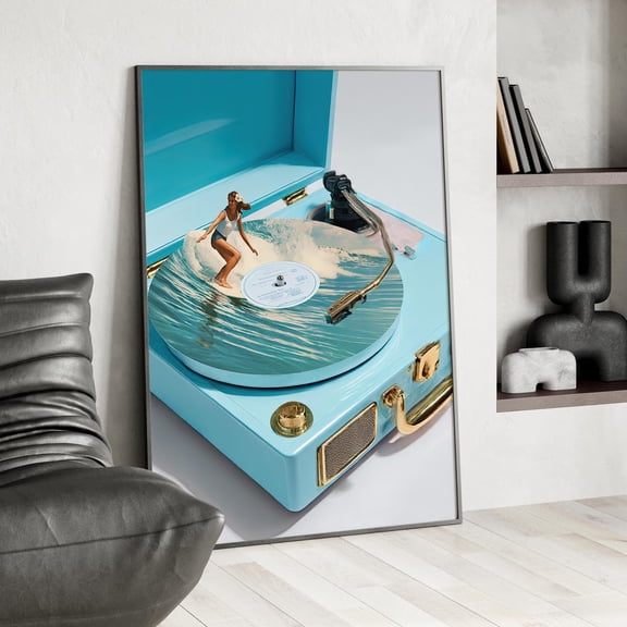 Vintage Vinyl Beach Surf Wall Art, Retro Coastal Summer Decor, Unframed Canvas Size 24x36