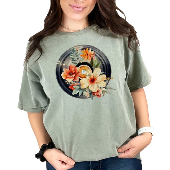 Vintage Vinyl Record Floral Art Graphic Tee, Retro Music Lover Shirt, Flower Record T-Shirt, Unique Gift for Music Enthusiasts, Moss Comfort Colors T-Shirt, XL