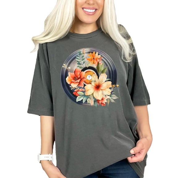 Vintage Vinyl Record Floral Art Graphic Tee, Retro Music Lover Shirt, Flower Record T-Shirt, Unique Gift for Music Enthusiasts, Pepper Comfort Colors T-Shirt, Medium