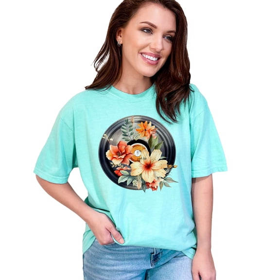 Vintage Vinyl Record Floral Design T Shirt, Retro Music Tee for Men and Women, Artistic Flower Vinyl Disc Graphic Shirt, Chalky Mint Comfort Colors T-Shirt, 2XL