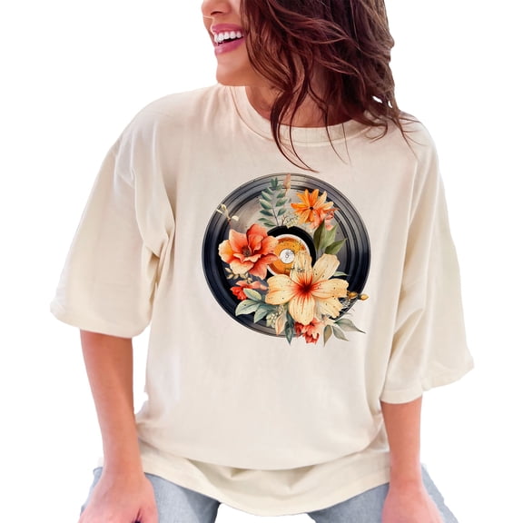 Vintage Vinyl Record Floral Design T Shirt, Retro Music Tee for Men and Women, Artistic Flower Vinyl Disc Graphic Shirt, Ivory Comfort Colors T-Shirt, Small