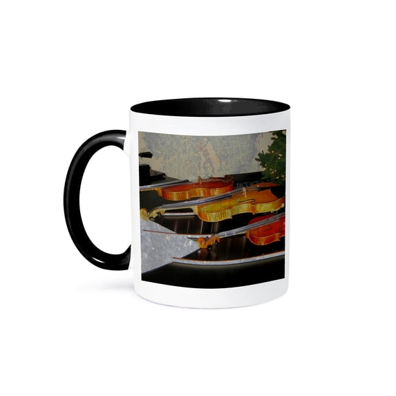 3dRose, Vintage Violins on a Piano Music, 15oz Two-Tone Black Mug