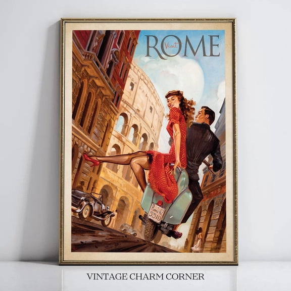 Vintage Visit Rome Poster Retro Italian Travel Print Wall Art Couple On Vespa By Colosseum Romantic Italy Gift, Poster Only