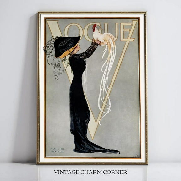 Vintage Vogue Cover 1910 Woman With Rooster Illustration Art Deco Style Wall Art Vintage Fashion Home Decor #3672, Unframed Poster Size 24x36