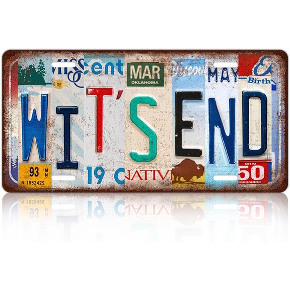 Vintage WIT'S END Metal Tin Sign License Plate Wall Decor 12 x 6 Inches