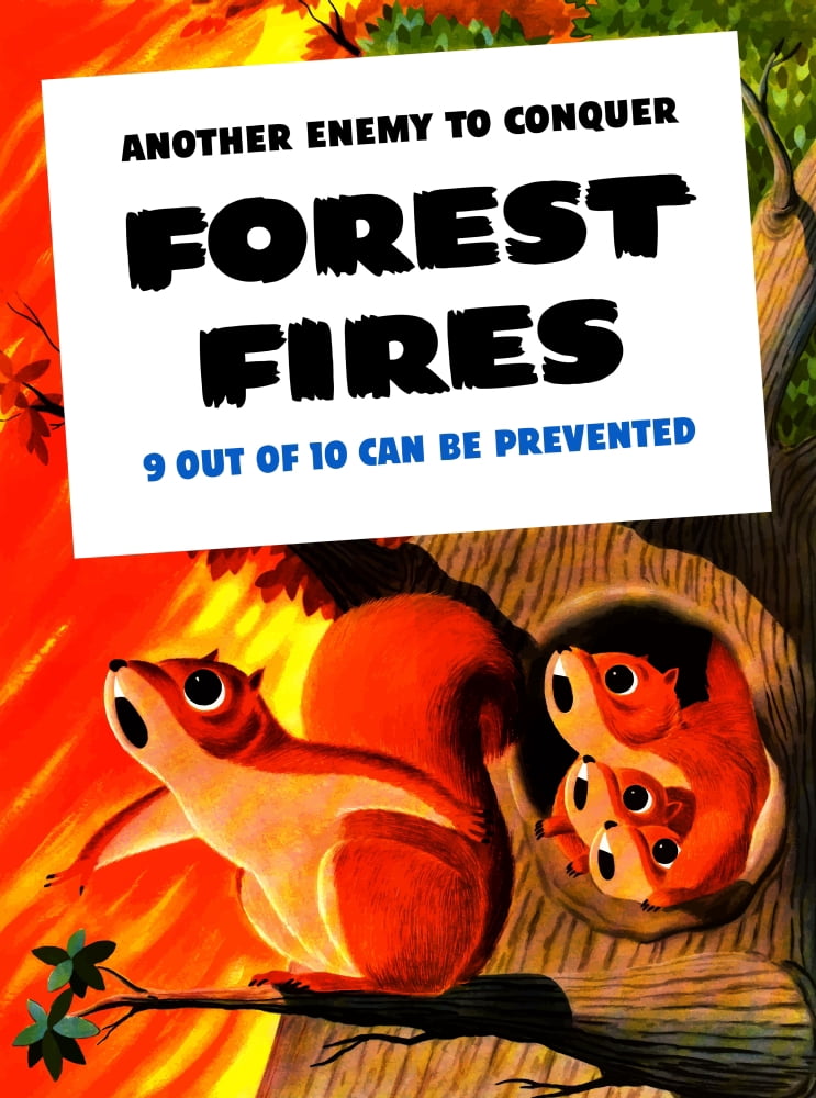 Vintage WW2 poster showing a family of squirrels surrounded by a forest fire Canvas Art - John ParrotStocktrek Images (12 x 17)