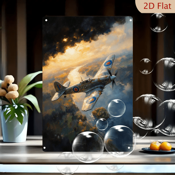 Vintage WWII Supermarine Spitfire Banked Left Over Stormy Coastline Oil Painting Style Art Print 8x12 Inches Metal Wall Decor