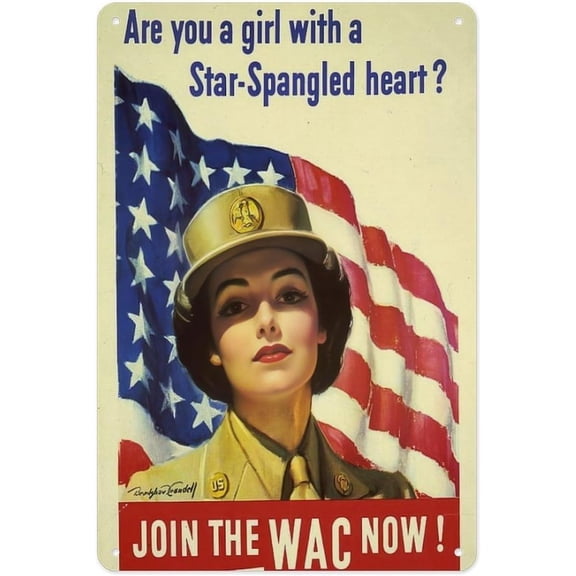 Vintage WWII Womens Army Corps Recruitment Poster Metal Tin Sign, Patriotic USA Flag Retro Military Wall Decor, 12x8 Inch for Office Garage Bar Cafe Home