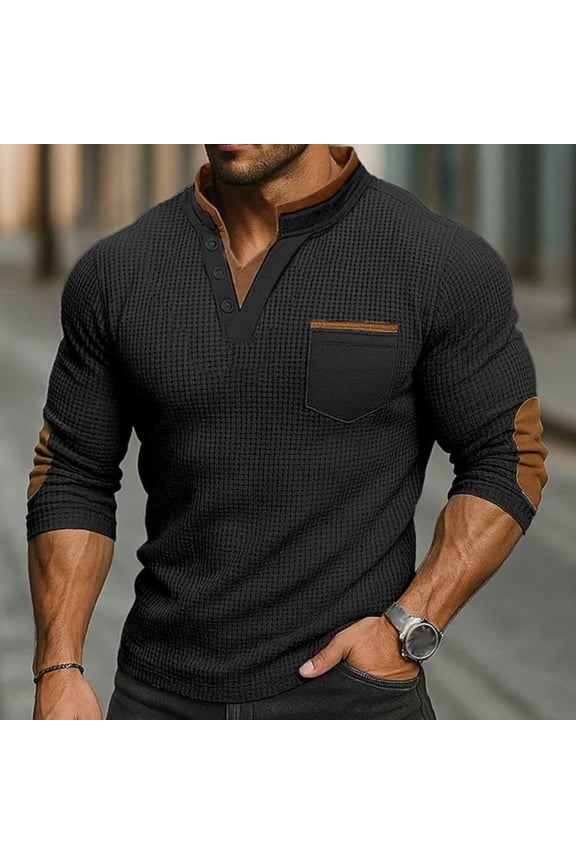 Vintage Waffle Shirts for Men with Elbow Patches,Color Blocked Boho Henley T-Shirt with Pockets