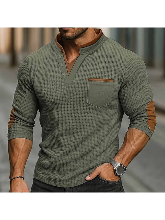 Vintage Waffle Shirts for Men with Elbow Patches,Color Blocked Boho Henley T-Shirt with Pockets
