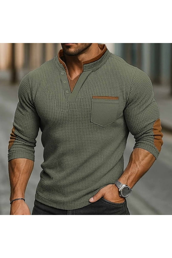 Vintage Waffle Shirts for Men with Elbow Patches,Color Blocked Boho Henley T-Shirt with Pockets