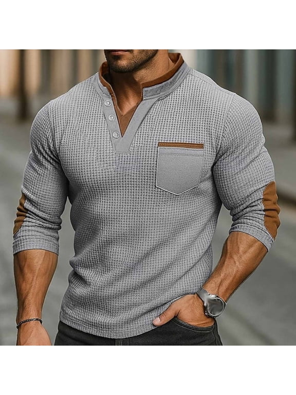 Vintage Waffle Shirts for Men with Elbow Patches,Color Blocked Boho Henley T-Shirt with Pockets