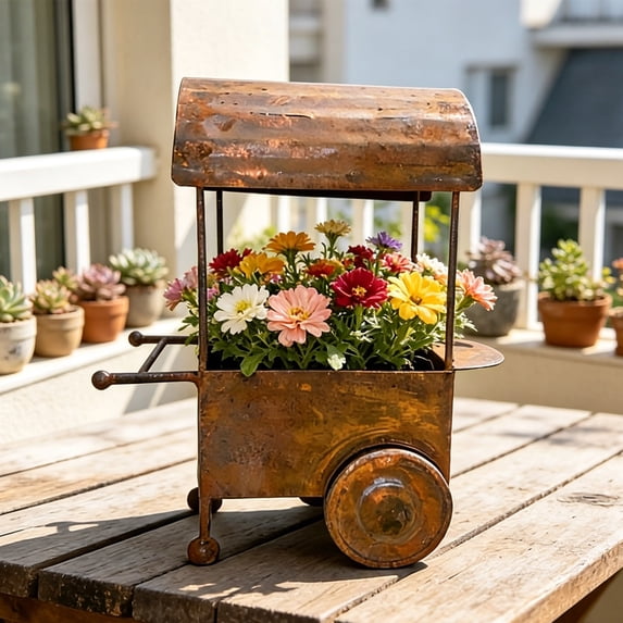 Vintage Wagon Planter - Rustic Iron Flower Pot for Outdoor Farmhouse Garden Patio Courtyard Decor