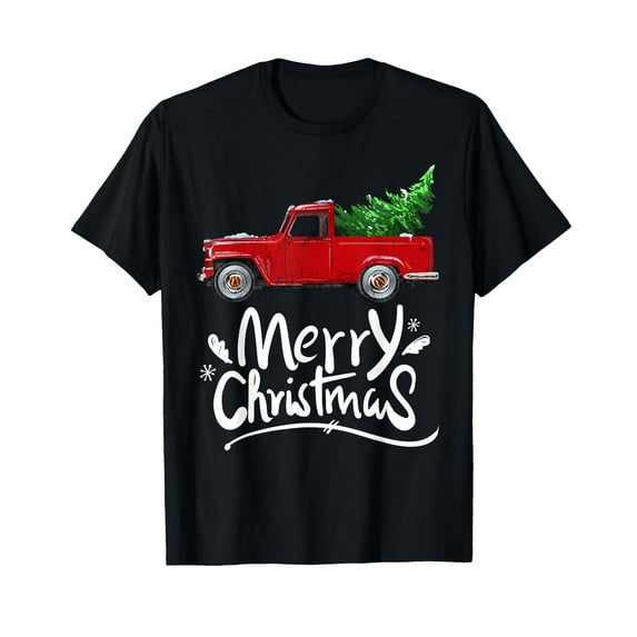 Vintage Wagon Red Truck Christmas Tree Pajama Gift T-Shirt,Women's short-sleeved T-shirt celebrating the coming of Christmas